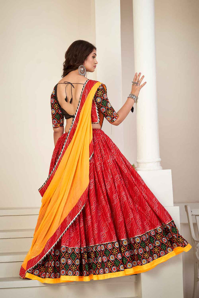 Red Embroidered Cotton Lehenga