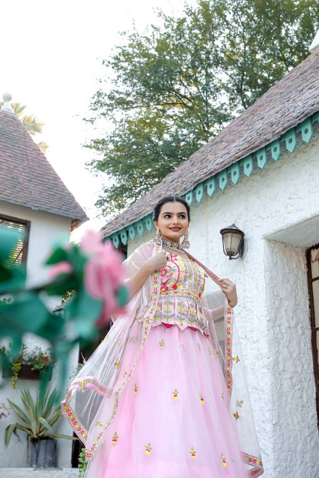 Light Pink Embroidered Net Lehenga