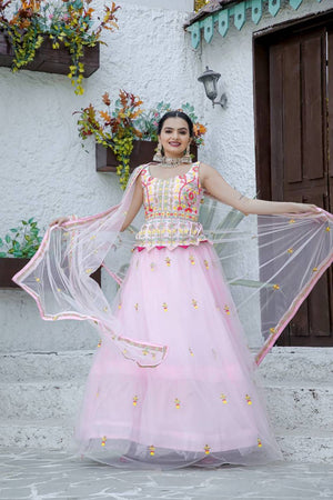 Light Pink Embroidered Net Lehenga