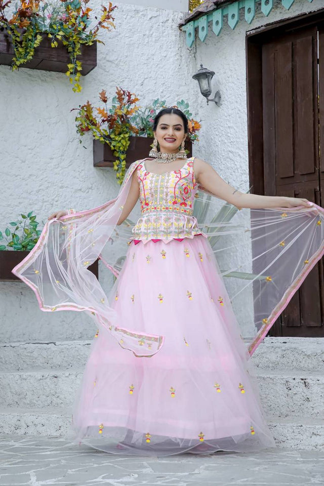 Light Pink Embroidered Net Lehenga