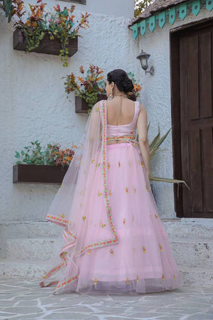 Light Pink Embroidered Net Lehenga
