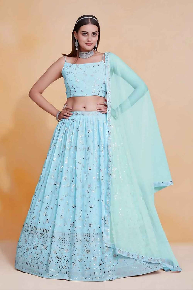 Sky Blue Sequins Georgette Lehenga