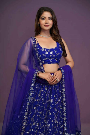 Blue Embroidered Gorgette Lehenga