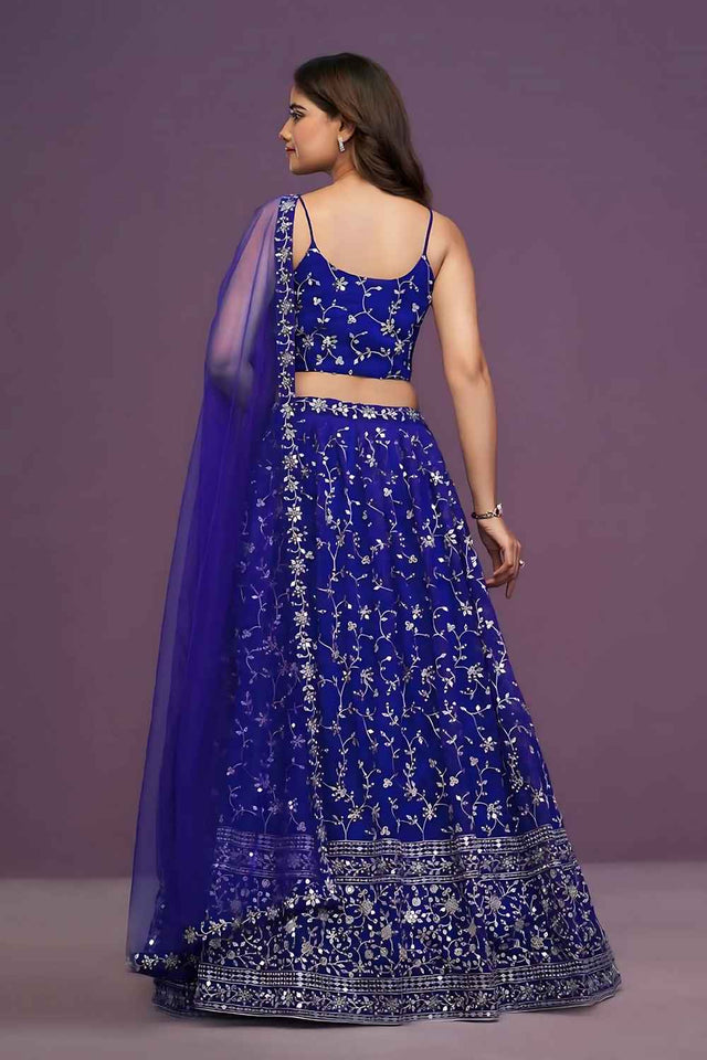 Blue Embroidered Gorgette Lehenga