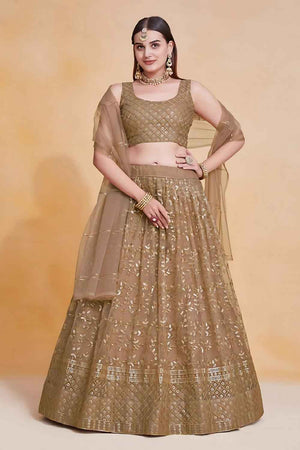 Brown Embroidered Net Lehenga