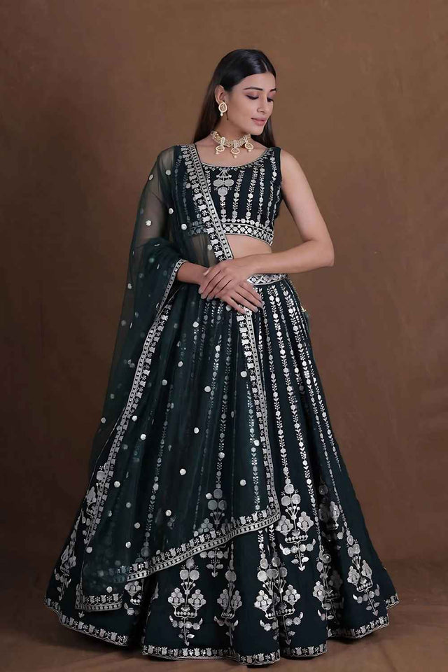 Dark Green Embroidered Georgette Lehenga