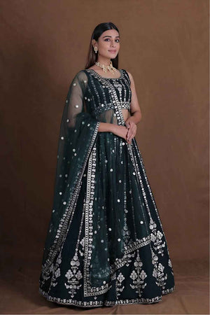 Dark Green Embroidered Georgette Lehenga