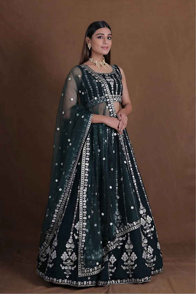 Dark Green Embroidered Georgette Lehenga