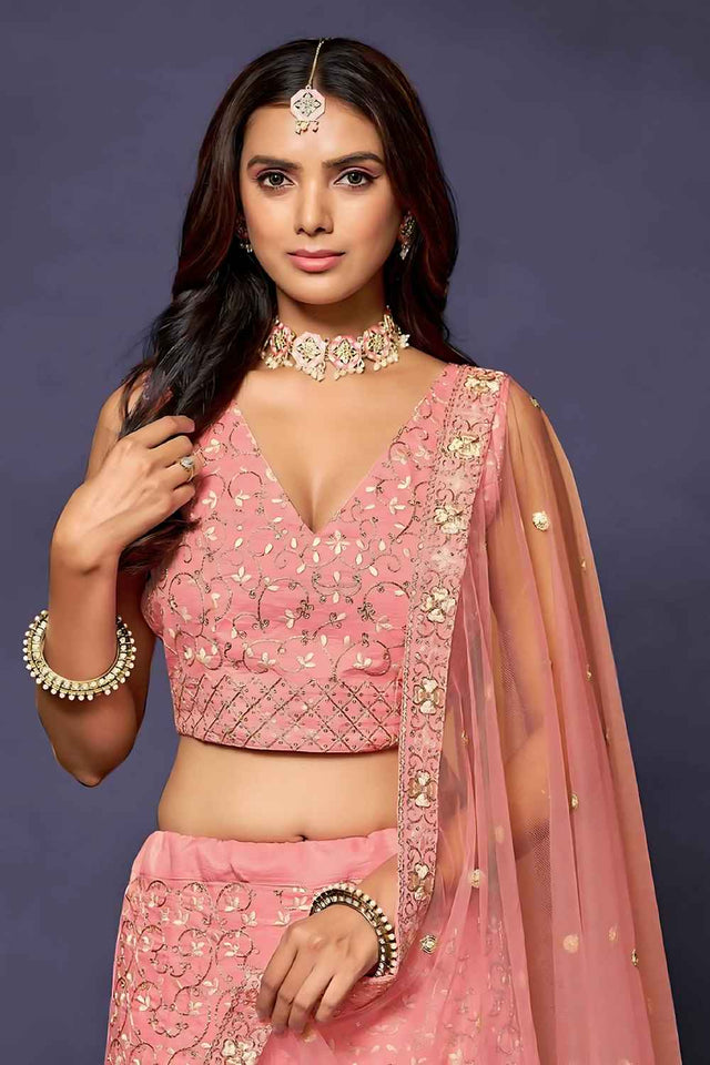 Light Pink Embroidered Silk Lehenga