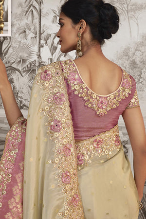 Cream Viscose Resham Embroidery Party Wear Designer Saree
