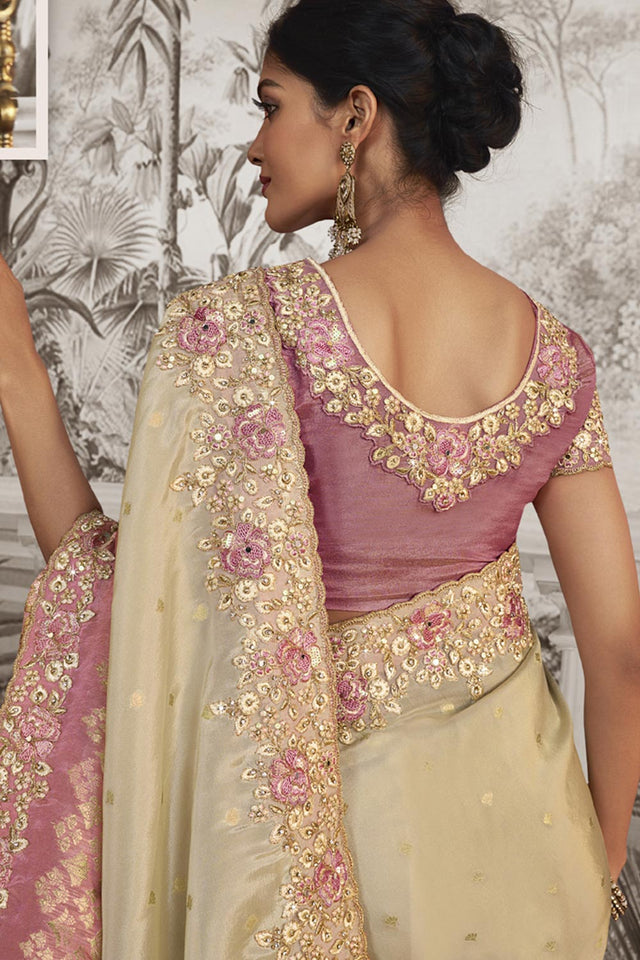 Cream Viscose Resham Embroidery Party Wear Designer Saree
