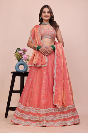 Peach Sequin with Embroidered Chinon Lehenga (OM-643-PEACH)