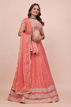 Peach Sequin with Embroidered Chinon Lehenga (OM-643-PEACH)