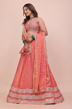 Peach Sequin with Embroidered Chinon Lehenga (OM-643-PEACH)