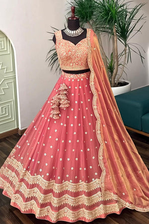 Peach Sequin with Embroidered Chinon Lehenga (OM-643-PEACH)