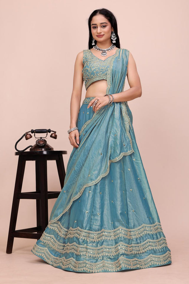 Green Sequin with Embroidered Chinon Lehenga (OM-643-TEALGREEN)