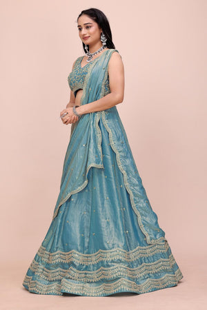 Green Sequin with Embroidered Chinon Lehenga (OM-643-TEALGREEN)
