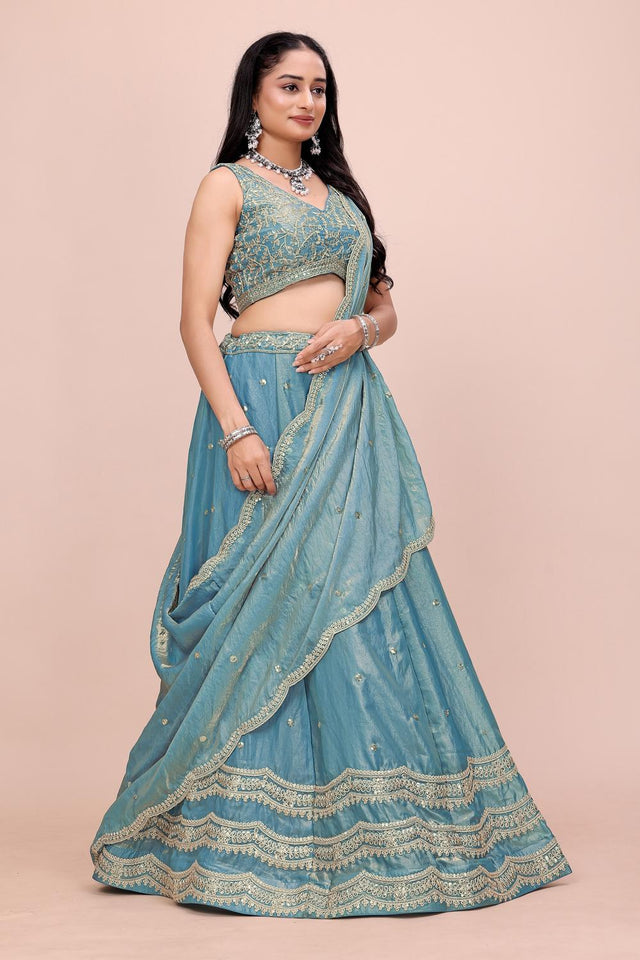 Green Sequin with Embroidered Chinon Lehenga (OM-643-TEALGREEN)