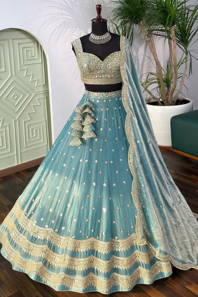 Green Sequin with Embroidered Chinon Lehenga (OM-643-TEALGREEN)