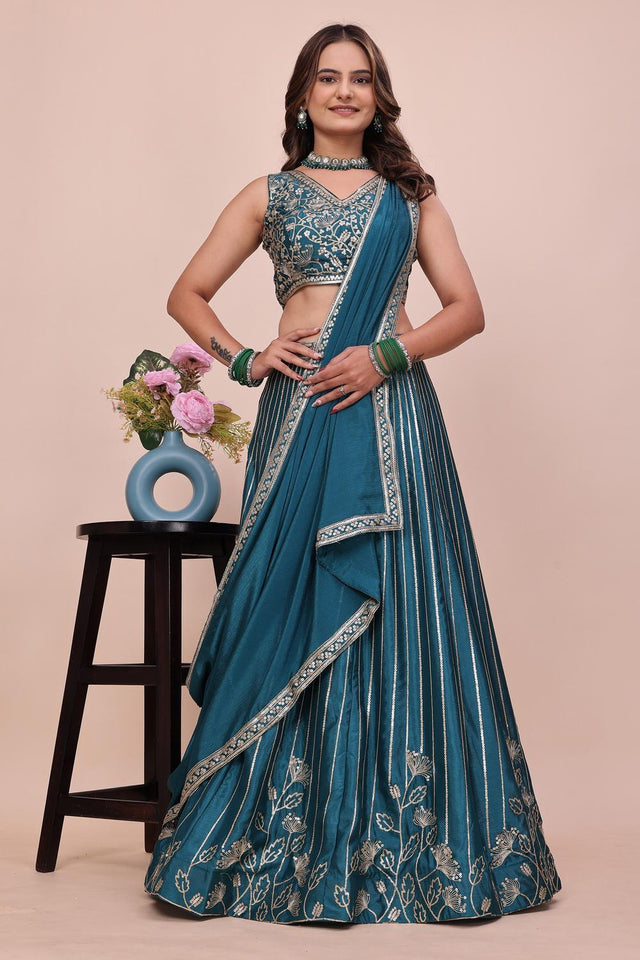 Turquoise Sequin with Embroidered Chinon Lehenga (OM-644)