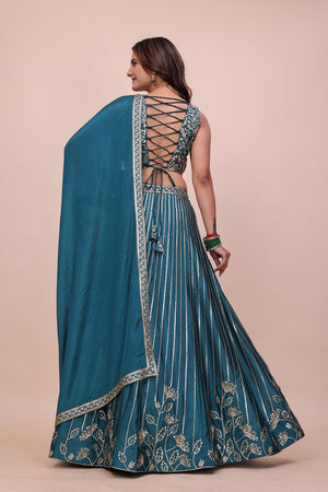 Turquoise Sequin with Embroidered Chinon Lehenga (OM-644)
