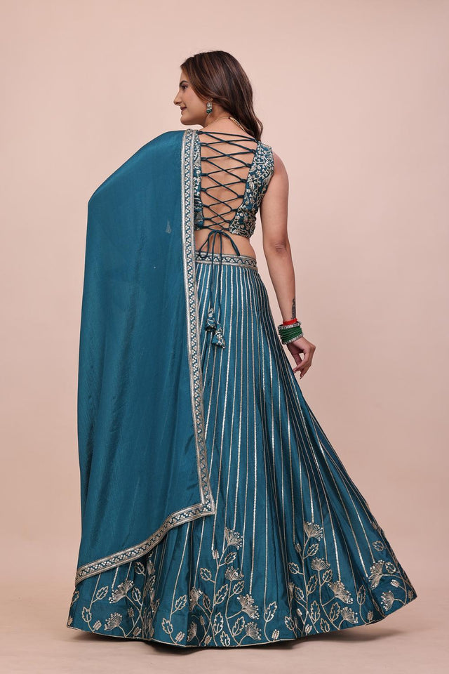 Turquoise Sequin with Embroidered Chinon Lehenga (OM-644)