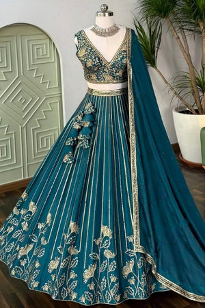 Turquoise Sequin with Embroidered Chinon Lehenga (OM-644)