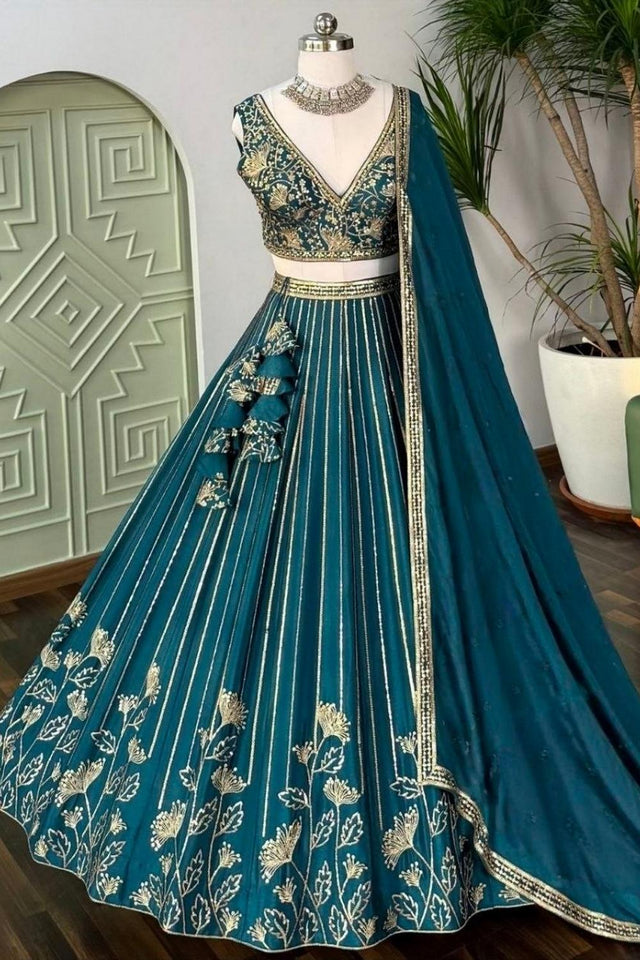 Turquoise Sequin with Embroidered Chinon Lehenga (OM-644)
