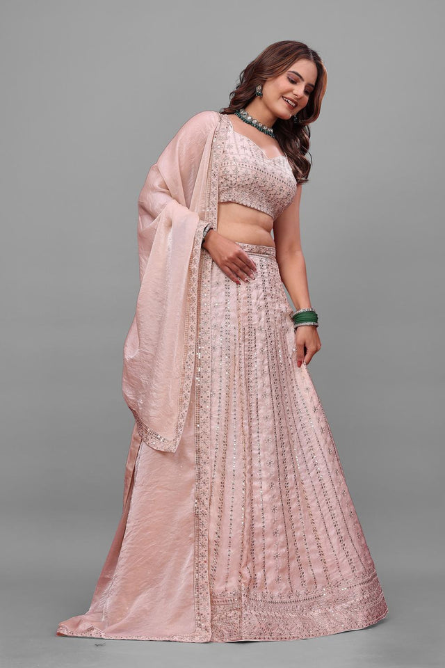 Light Pink Sequin with Embroidered Silk Lehenga (OM-648)