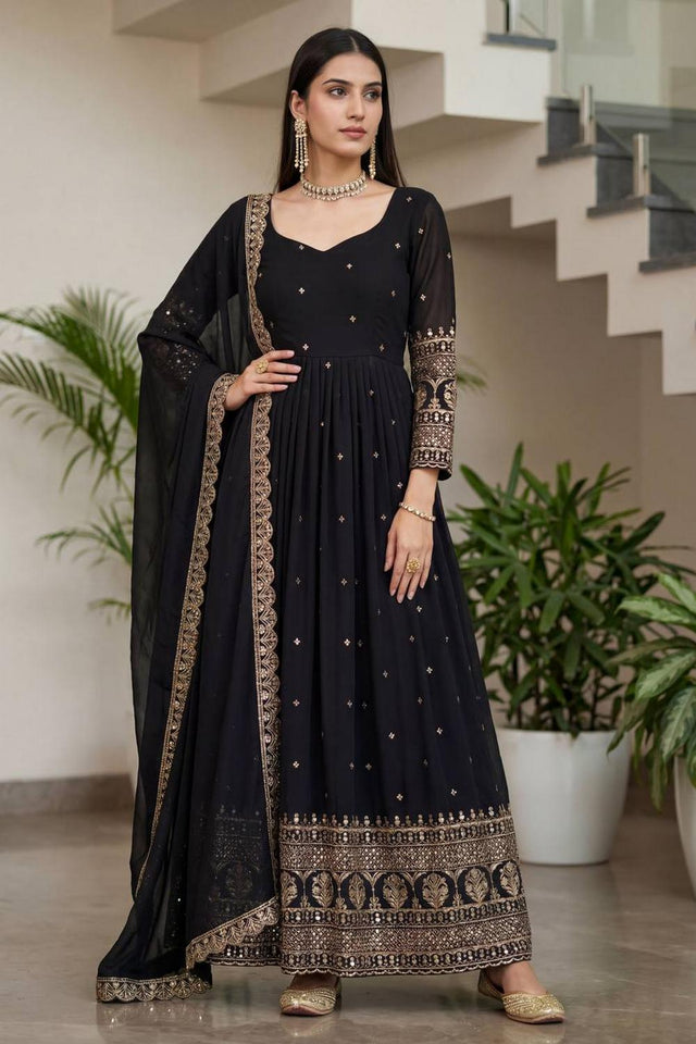 Black Sequin with Embroidered Silk Gown (ON5093-Black)