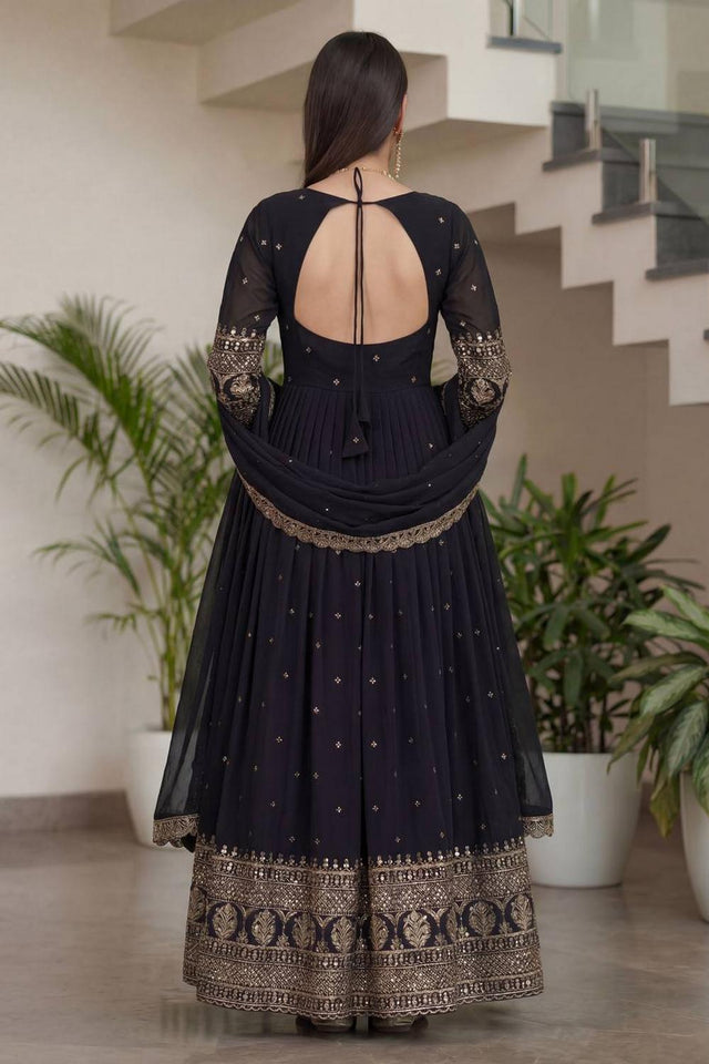 Black Sequin with Embroidered Silk Gown (ON5093-Black)