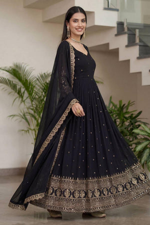 Black Sequin with Embroidered Silk Gown (ON5093-Black)