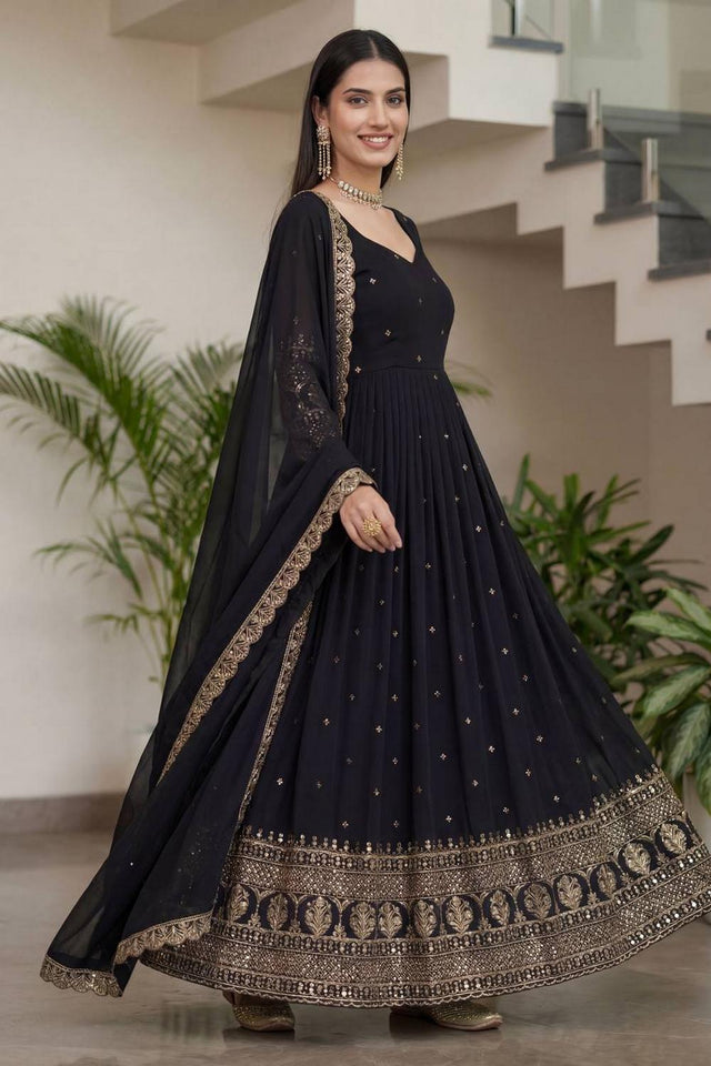 Black Sequin with Embroidered Silk Gown (ON5093-Black)