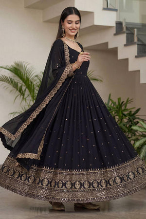 Black Sequin with Embroidered Silk Gown (ON5093-Black)