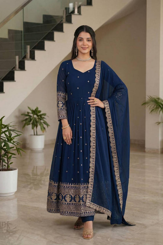 Navy Blue Sequin with Embroidered Silk Gown (ON5093-Navy)
