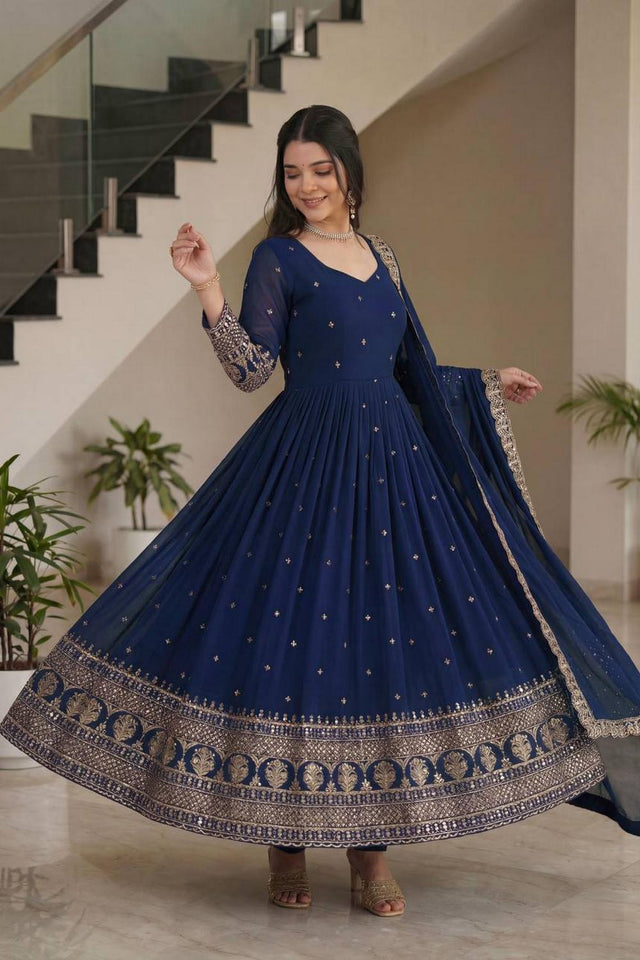 Navy Blue Sequin with Embroidered Silk Gown (ON5093-Navy)