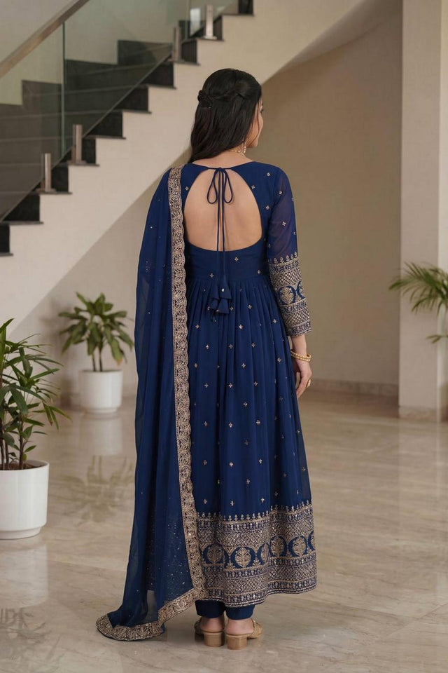 Navy Blue Sequin with Embroidered Silk Gown (ON5093-Navy)