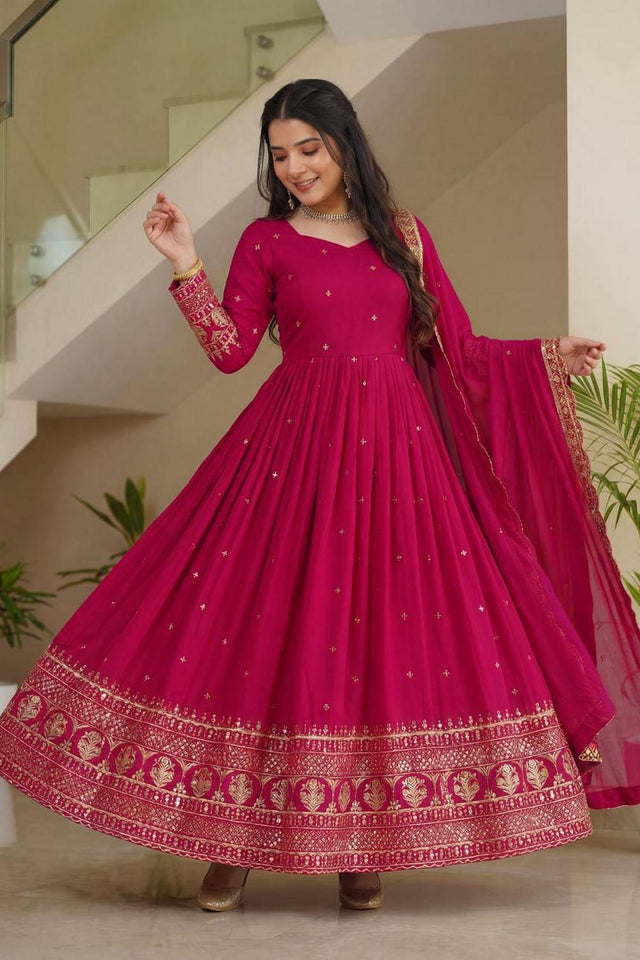 Pink Sequin with Embroidered Silk Gown (ON5093-Pink)