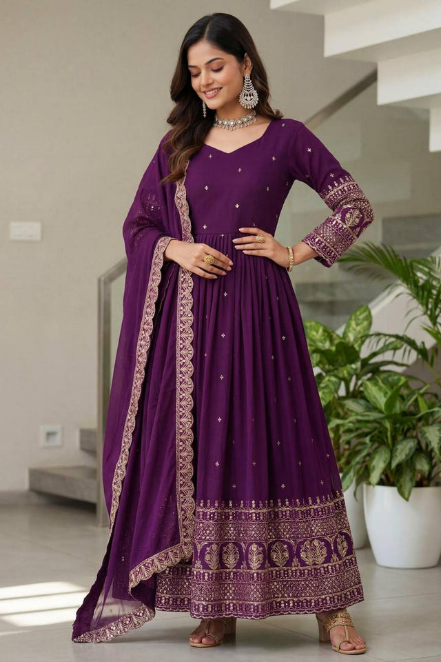 Wine Sequin with Embroidered Silk Gown (ON5093-Wine)