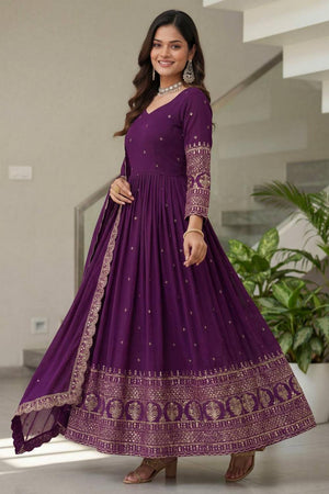 Wine Sequin with Embroidered Silk Gown (ON5093-Wine)