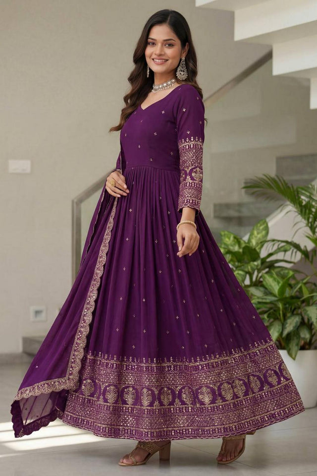 Wine Sequin with Embroidered Silk Gown (ON5093-Wine)