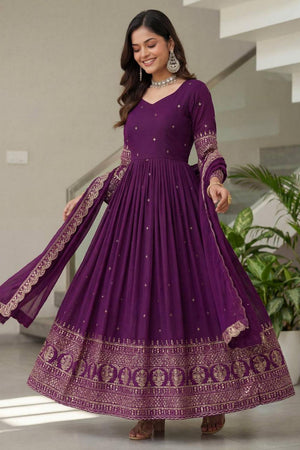 Wine Sequin with Embroidered Silk Gown (ON5093-Wine)