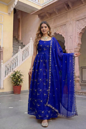 Royal Blue Floral Embroidered Silk Gown (ON5156-Royalblue)