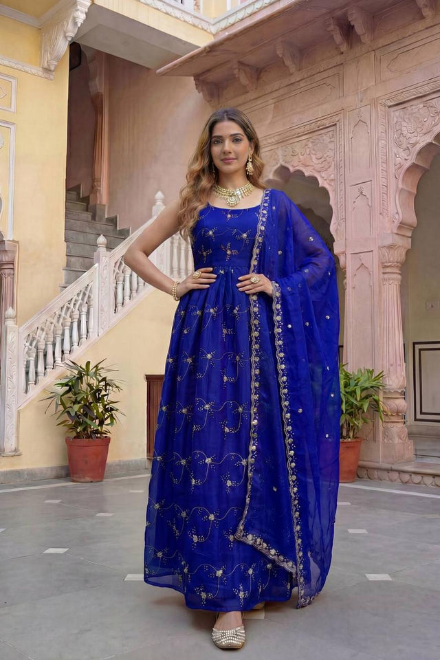Royal Blue Floral Embroidered Silk Gown (ON5156-Royalblue)