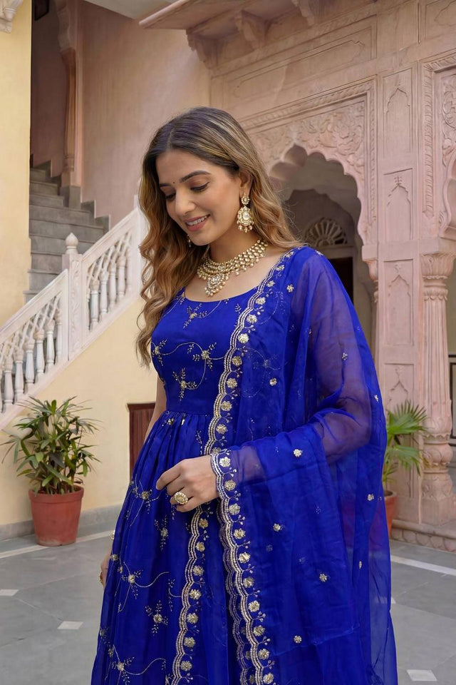 Royal Blue Floral Embroidered Silk Gown (ON5156-Royalblue)