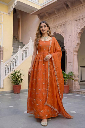 Rust Floral Embroidered Silk Gown (ON5156-Rusty)