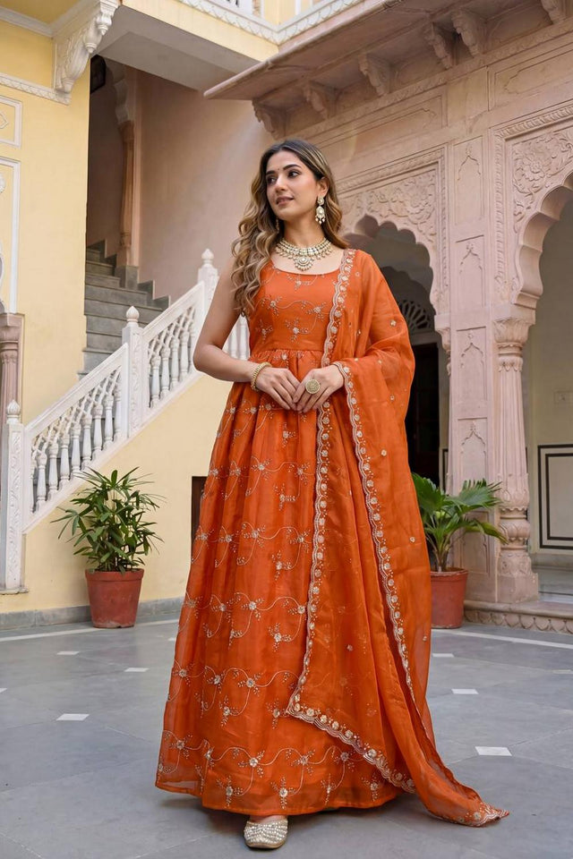 Rust Floral Embroidered Silk Gown (ON5156-Rusty)