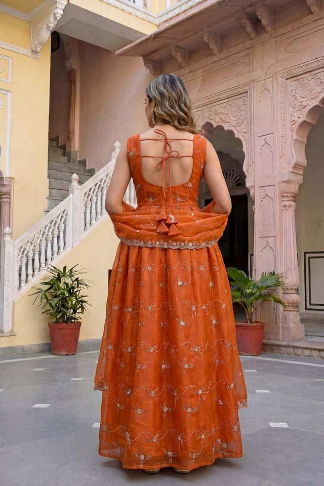 Rust Floral Embroidered Silk Gown (ON5156-Rusty)