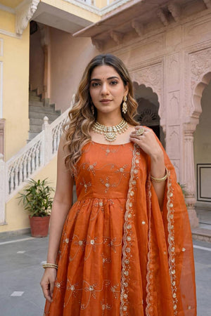 Rust Floral Embroidered Silk Gown (ON5156-Rusty)