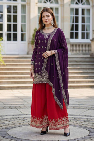 Violet Sequin with Embroidered Chinon Palazzo Suits (ON5158-Purple)
